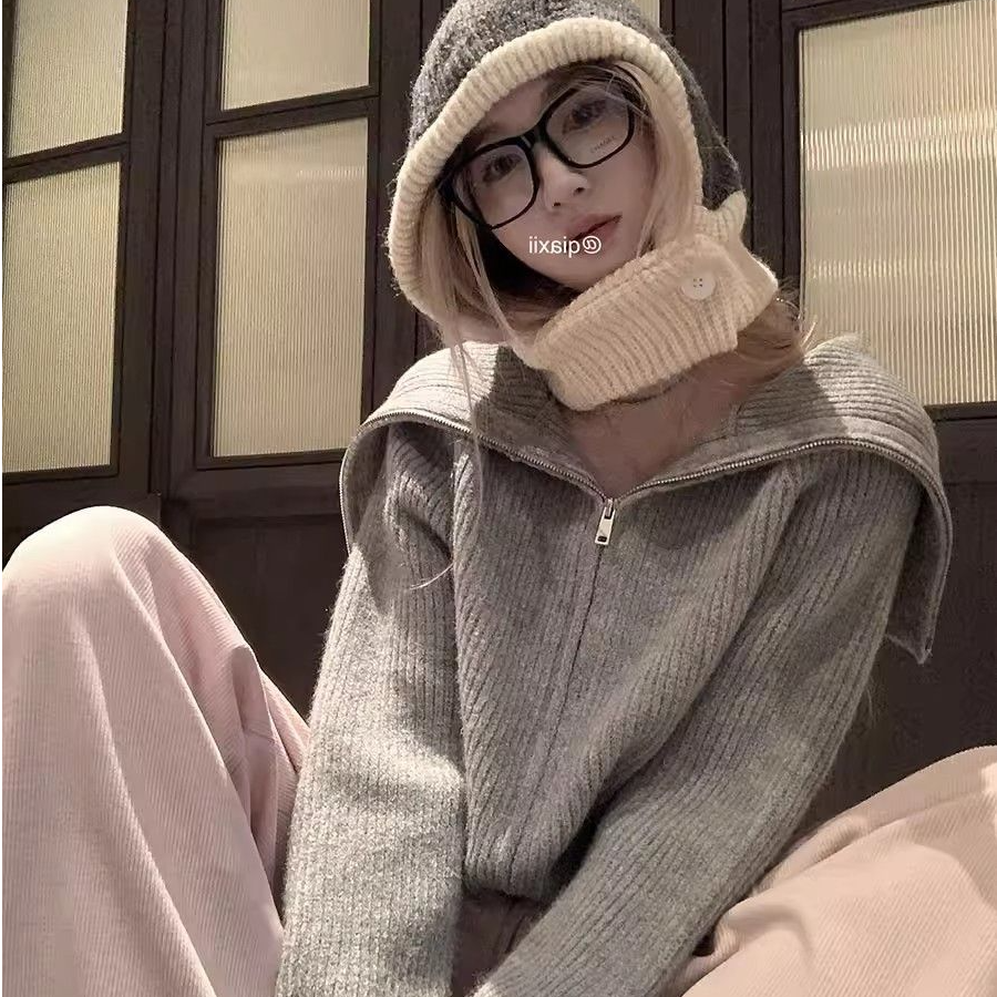 韩系翻领毛衣外套女春季加厚短款上衣宽松慵懒风拉链针织开衫外穿,女装/女士精品,毛针织衫,淘宝优惠券,粉丝福利购,淘宝优惠卷