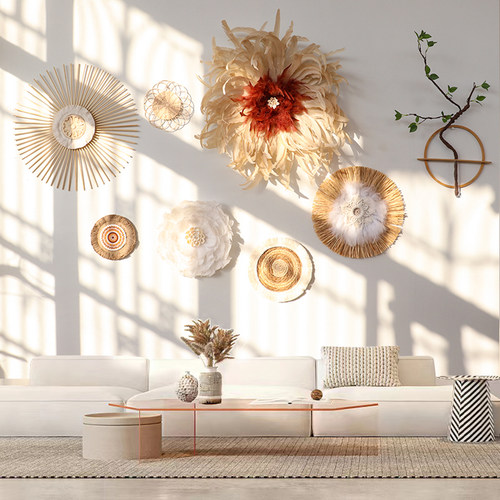 新品ins北欧波西米亚壁饰麻绳草编羽毛创意民宿客厅美容院背景壁