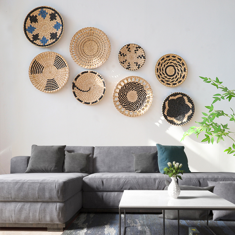北欧圆形手工编织草编墙饰波西米亚民宿店铺沙发玄关背景墙壁挂