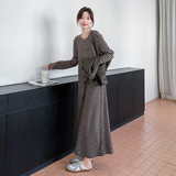 韩系PU皮马甲条纹女春秋2025新款独特绝美盐系减龄长裙，女装连衣裙，浙宝099