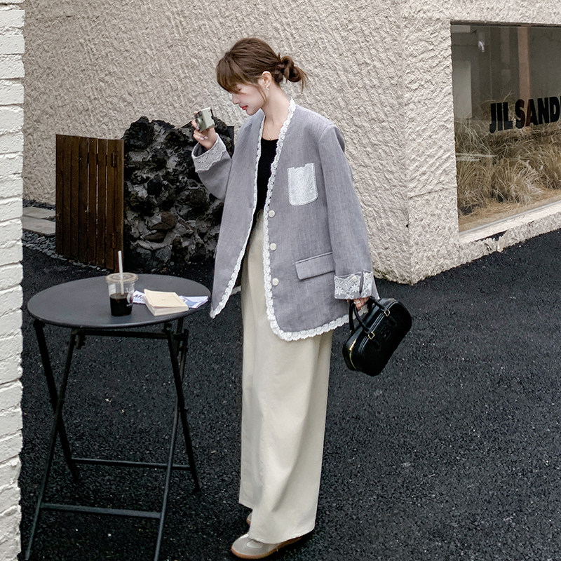 灰色蕾丝拼接西装外套女2025年春秋季新款高级感宽松流行西服上衣,女装短外套,浙宝099
