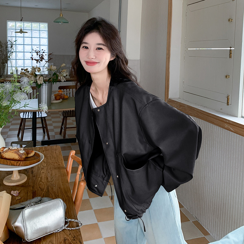 设计感下摆抽绳棒球服皮衣外套女2025年春季新款宽松休闲机车夹克图片