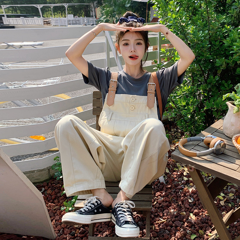 米白色工装背带裤女2025夏季新款设计感小众百搭减龄小个子连体裤,女装休闲裤,浙宝099