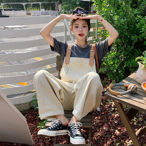 米白色工装背带裤女2025夏季新款设计感小众百搭减龄小个子连体裤图片