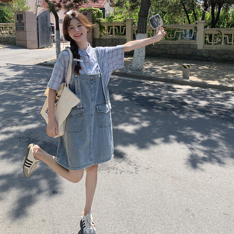 港风复古牛仔背带裙套装女夏季2024新款减龄小个子格纹衬衫两件套,女装套装/套裙,浙宝099