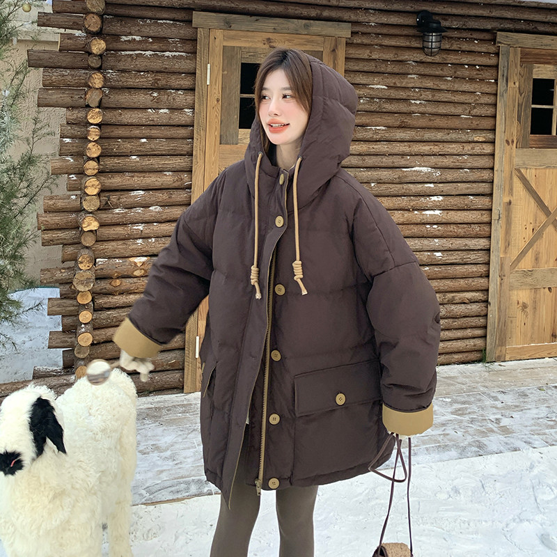 韩版学院风连帽撞色羽绒服女2025冬季新款显瘦加厚保暖白鸭绒外套,女装羽绒服,浙宝099