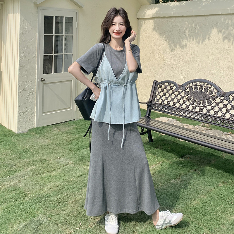 新款牛仔假两件加半裙连衣裙套装099-10157-P165-K238,女装连衣裙,浙宝099