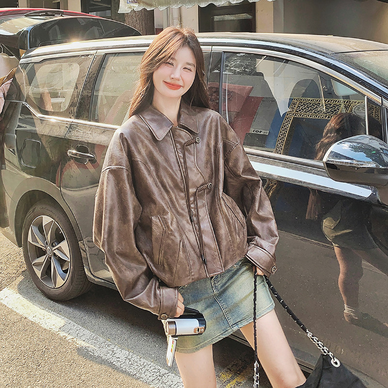 美拉德短款复古PU皮衣外套女2025春秋季新款气质显瘦休闲夹克上衣,女装短外套,浙宝099