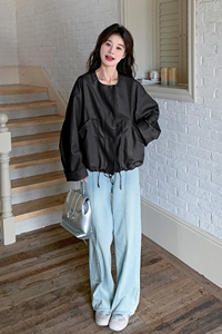 设计感下摆抽绳棒球服皮衣外套女2025年春季新款宽松休闲机车夹克图片