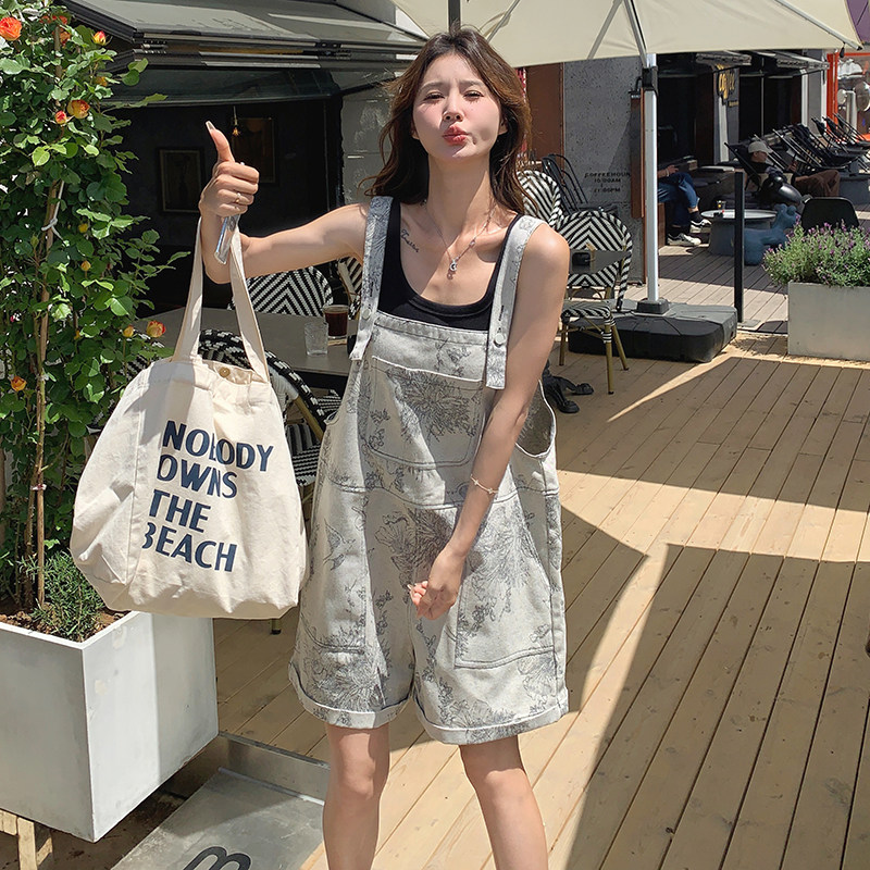 新中式复古水墨印花背带裤女夏季2025新款可盐可甜设计感减龄短裤,女装休闲裤,浙宝099