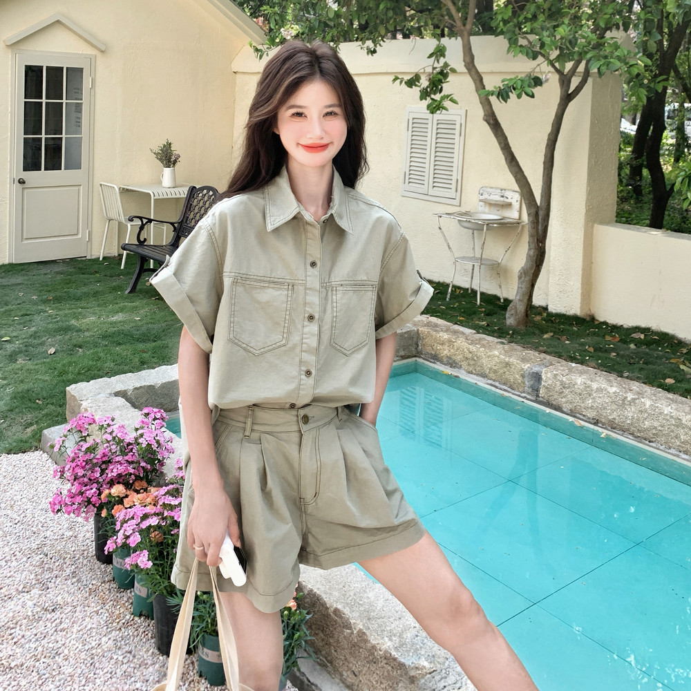 绿色小个子穿搭休闲薄款牛仔衬衫套装女夏新款炸街显瘦短裤两件套,女装套装/套裙,浙宝099