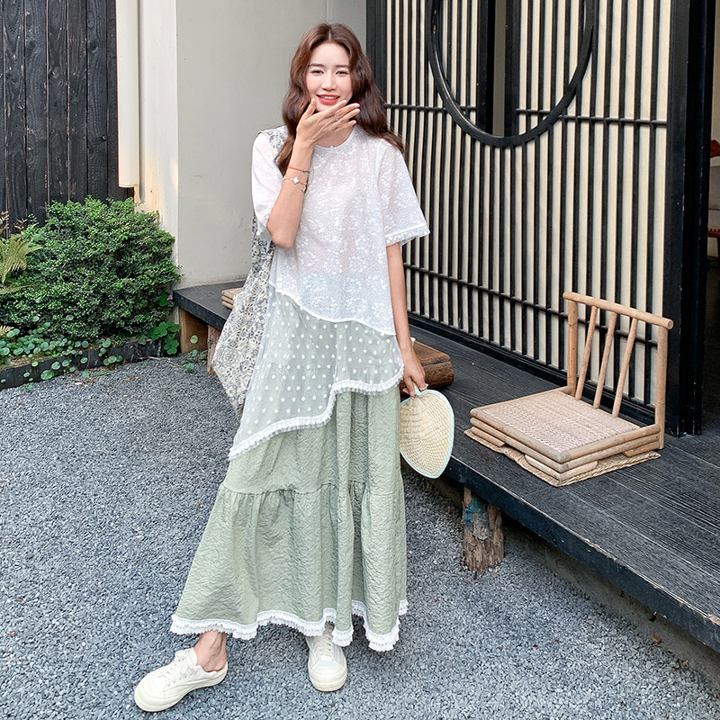 蕾丝拼接斜边上衣半身裙女夏季超火独特绝美巨好看ootd,女装连衣裙,浙宝099