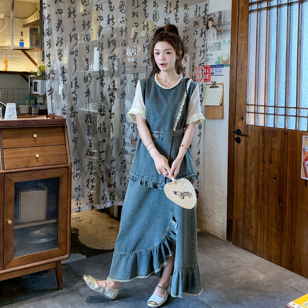 设计感时尚牛仔套装裙女2025夏季新款假两件收腰上衣半身裙两件套,女装套装/套裙,浙宝099