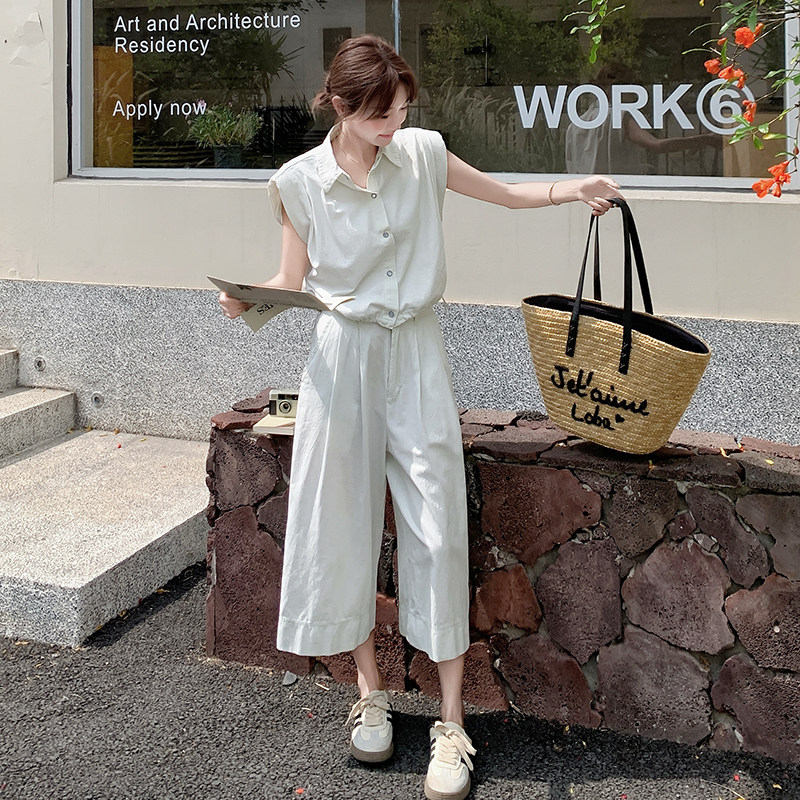 温柔风休闲工装直筒裤套装女2025夏季新款氛围感时尚百搭两件套,女装套装/套裙,浙宝099
