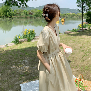 法式桔梗v领泡泡袖连衣裙女夏2025新款仙女超仙森系茶歇裙长裙子图片