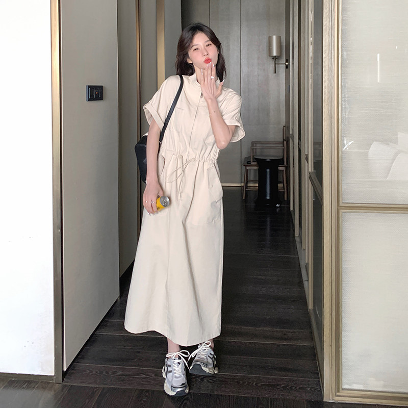 慵懒松弛感韩系收腰杏色连衣裙女夏季2025新款减龄简单大方衬衫裙,女装连衣裙,浙宝099