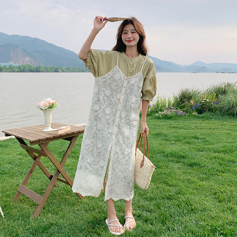 夏季连衣裙女2025新款森系泡泡袖休闲温柔风叠穿蕾丝吊带裙，女装连衣裙，浙宝099