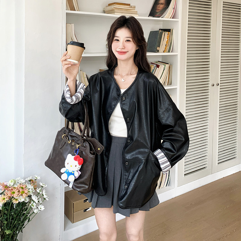 黑色休闲圆领PU皮衣外套女2025春季新款韩系宽松小个子上衣潮,女装短外套,浙宝099