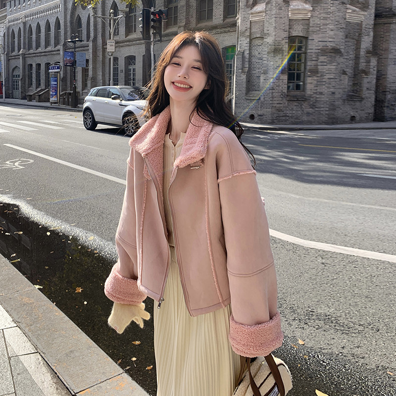 皮毛一体外套女2024冬chic又酷又飒韩系加厚摇粒绒粉色休闲羊羔毛,女装毛呢外套,浙宝099