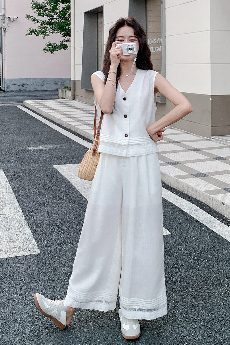 设计感蕾丝拼接马甲阔腿裤两件套女夏薄款气质通勤休闲宽松套装,女装套装/套裙,浙宝099