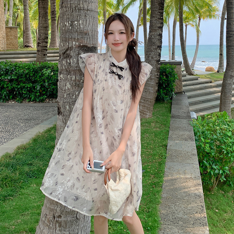 米色碎花连衣裙夏季女2024新款飞飞袖复古小个子减龄中长款A字裙,女装连衣裙,浙宝099