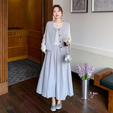 蓝色灰色马甲时尚套装女2025春季新款气质显瘦百褶裙连衣裙两件套，女装套装/套裙，浙宝099