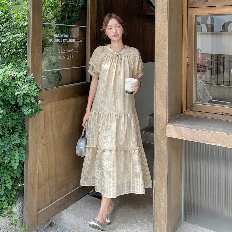 黄色韩版宽松大摆型长裙夏季新款荷叶边气质显瘦连衣裙女海边度假,女装连衣裙,浙宝099