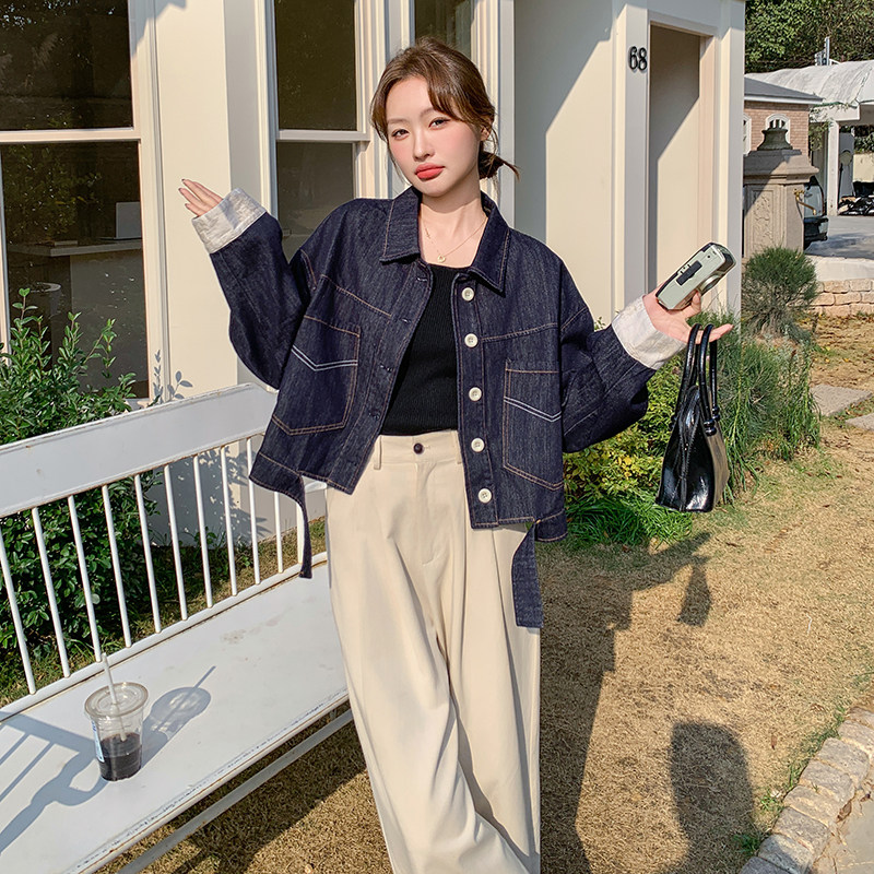 深蓝色短款牛仔外套女2025春季新款日系复古宽松小个子夹克上衣潮,女装牛仔外套,浙宝099