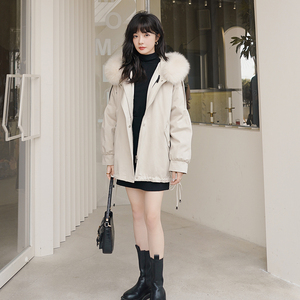 派克服女秋冬加绒加厚棉服2024年新款爆款皮毛一体仿兔毛皮草外套图片