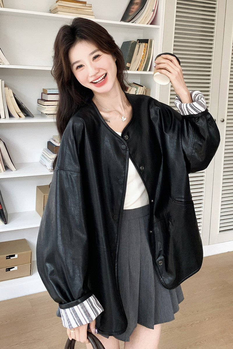 黑色休闲圆领PU皮衣外套女2025春季新款韩系宽松小个子上衣潮,女装短外套,浙宝099