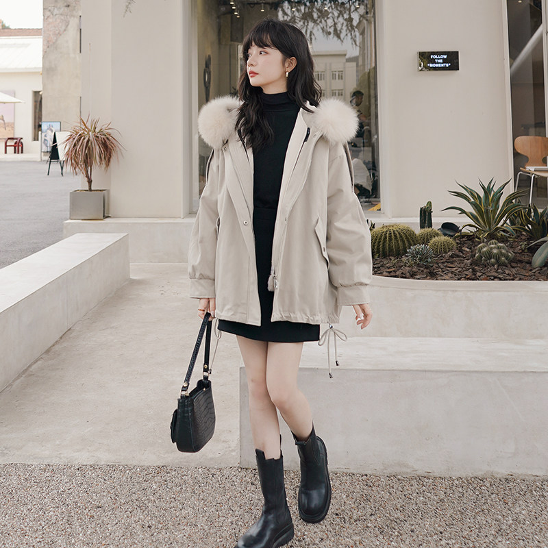 派克服女秋冬加绒加厚棉服2024年新款爆款皮毛一体仿兔毛皮草外套,女装派克服,浙宝099