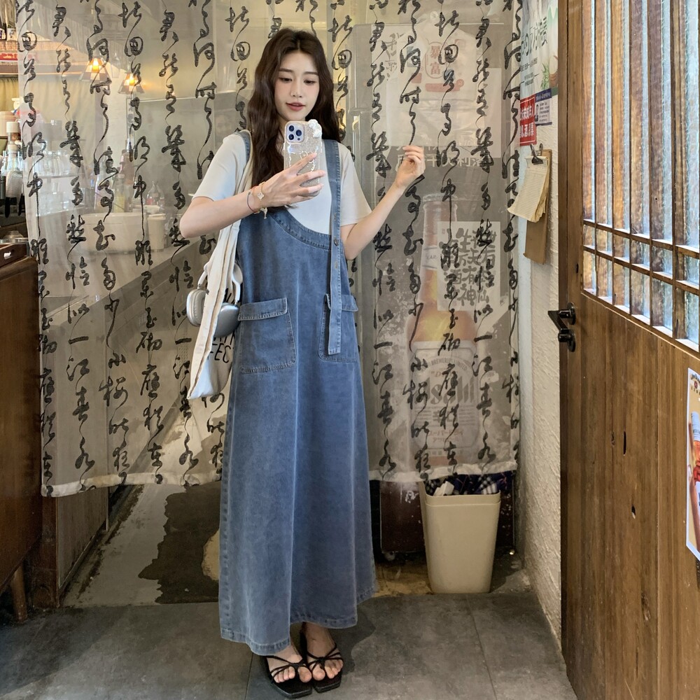 时尚拼接假两件牛仔连衣裙女夏季2025年新款韩版宽松气质百搭长裙,女装套装/套裙,浙宝099