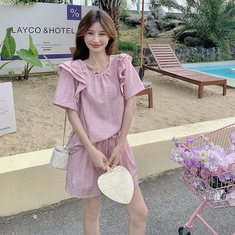 法式甜美小个子粉色天丝短袖套装女夏2025新款显瘦阔腿短裤两件套,女装套装/套裙,浙宝099