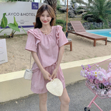 法式甜美小个子粉色天丝短袖套装女夏2025新款显瘦阔腿短裤两件套，女装套装/套裙，浙宝099