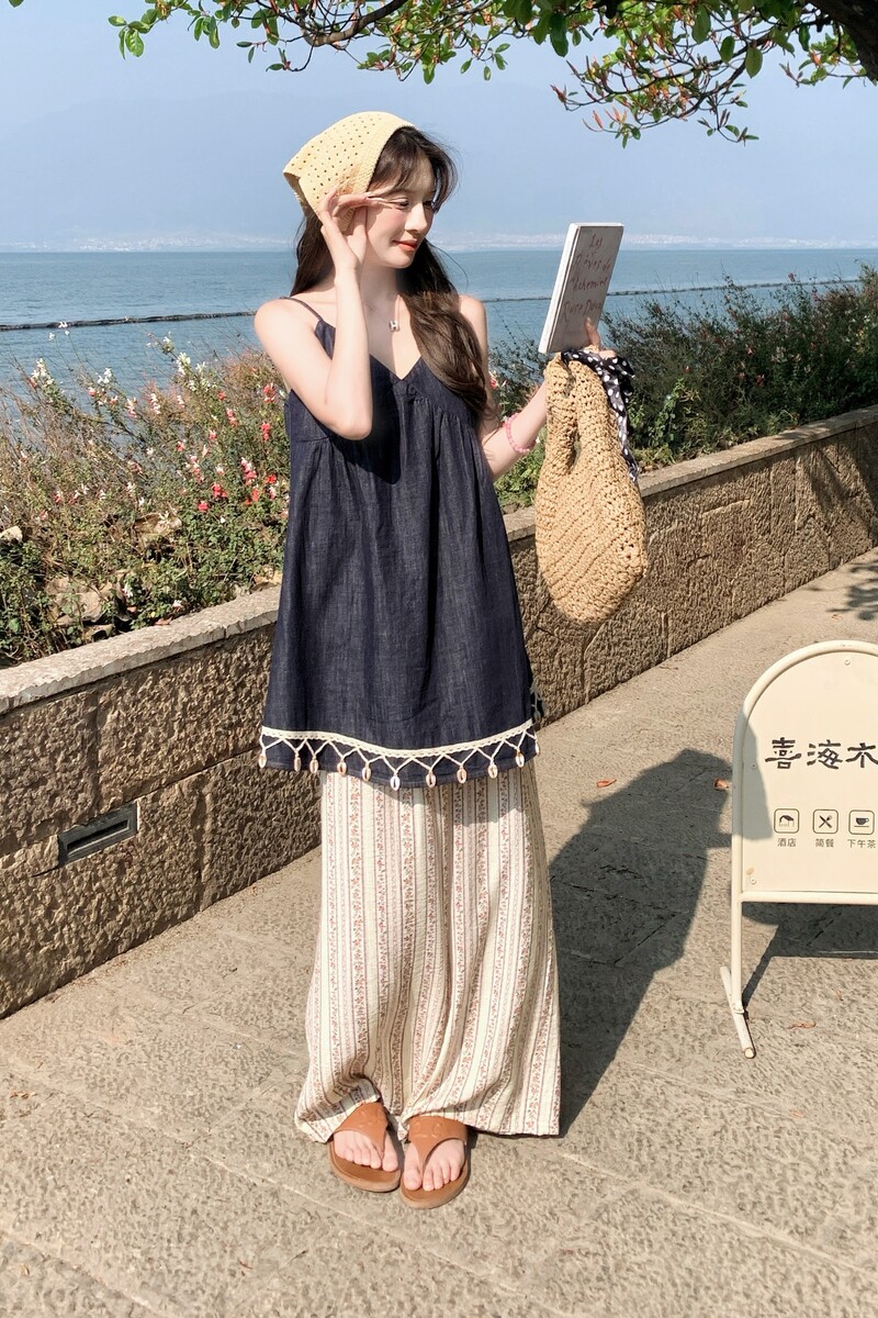 复古V领流苏牛仔背心连衣裙女2025夏新款碎花阔腿休闲裤时尚套装,女装套装/套裙,浙宝099