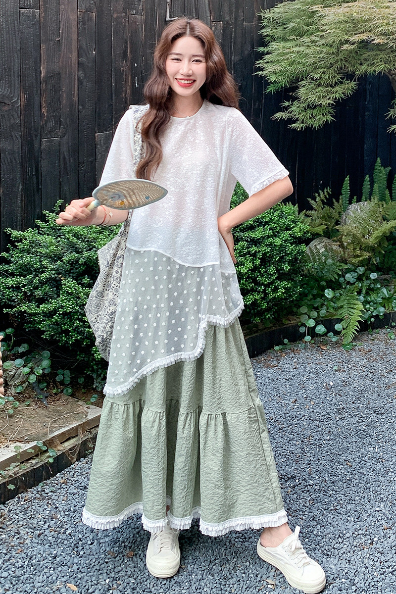 蕾丝拼接斜边上衣半身裙女夏季超火独特绝美巨好看ootd,女装连衣裙,浙宝099