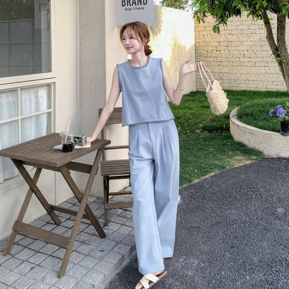 蓝色小香风马甲阔腿裤套装女2025夏季新款法式漂亮气质显瘦两件套图片