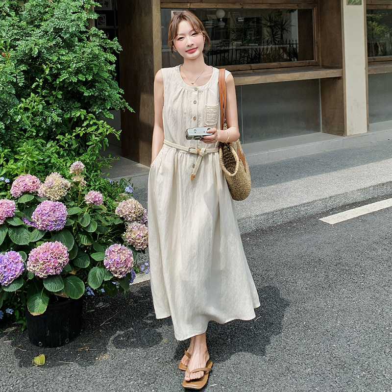 冷淡系文艺风无袖连衣裙女2025夏季新款高级感收腰显瘦背心长裙潮,女装连衣裙,浙宝099