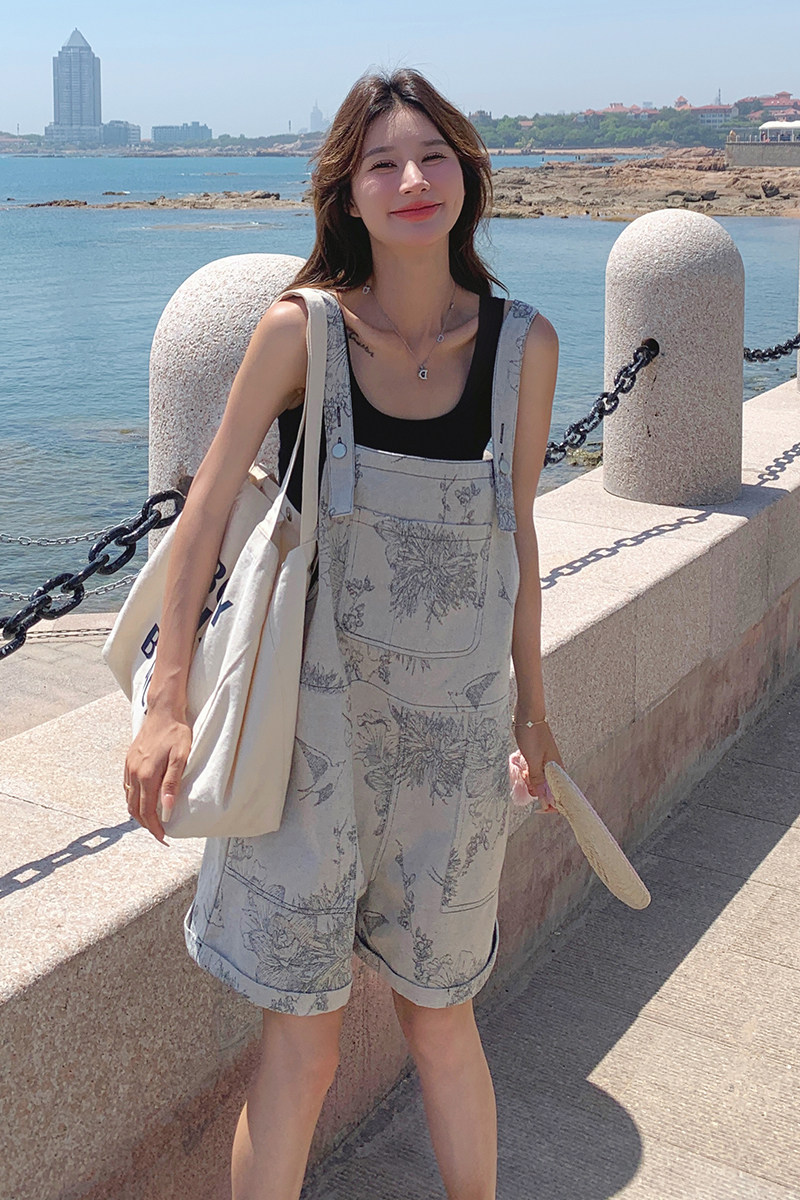 新中式复古水墨印花背带裤女夏季2025新款可盐可甜设计感减龄短裤,女装休闲裤,浙宝099