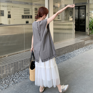 轻熟风韩系木耳边拼接背心裙套装女夏新款显瘦网纱半身裙两件套
