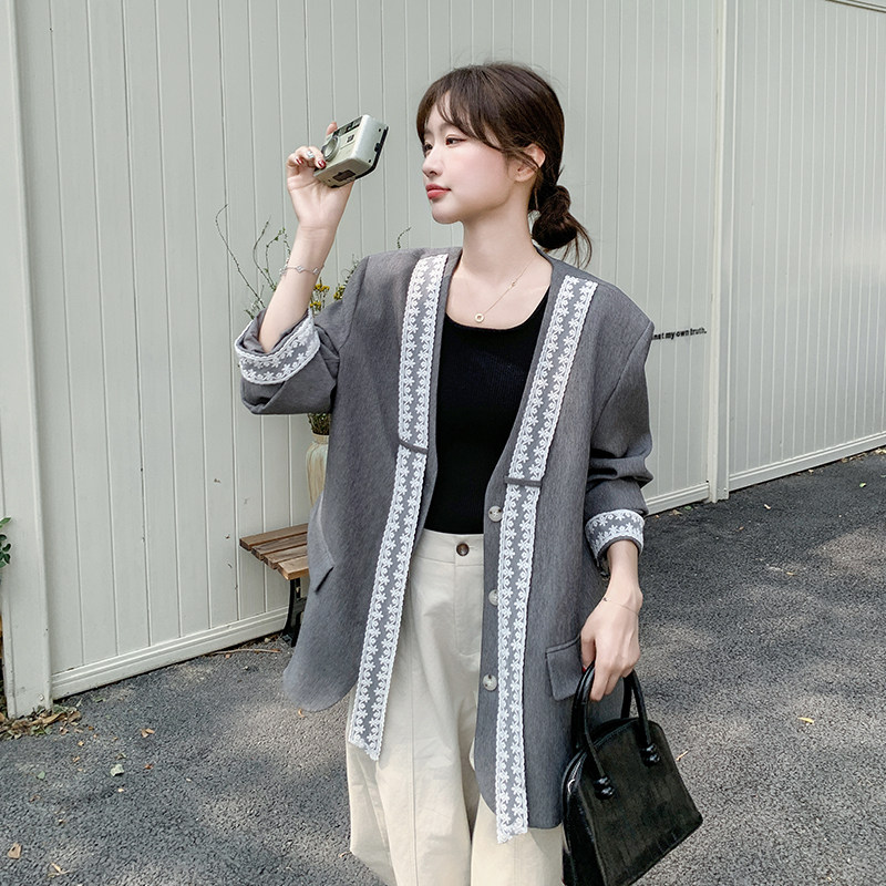 现货新款蕾丝织带拼接小西装外套099-1052-P145-K208，女装西装，浙宝099