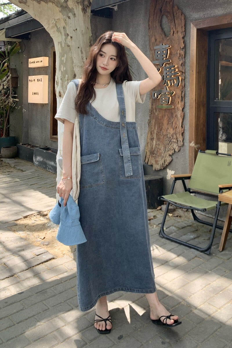 设计感假两件牛仔背带裙女2025夏季新款韩版宽松休闲中长款连衣裙,女装连衣裙,浙宝099