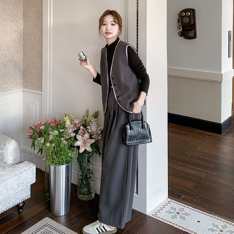 高级感花边拼接西装马甲套装女2025春季新款复古气质阔腿裤两件套,女装套装/套裙,浙宝099