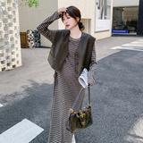 韩系PU皮马甲条纹女春秋2025新款独特绝美盐系减龄长裙，女装连衣裙，浙宝099
