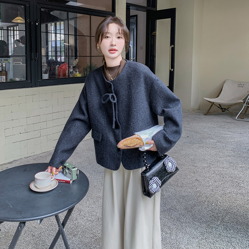 深灰色毛呢外套女冬季2024新款韩版小个子短款洋气蝴蝶结呢子上衣,女装毛呢外套,浙宝099
