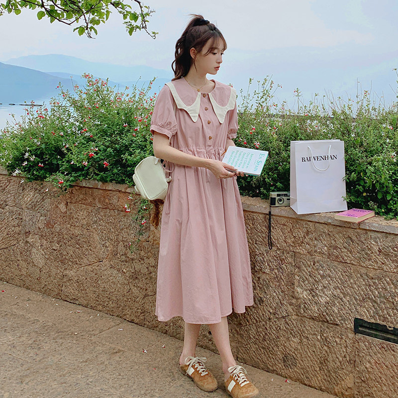 粉色娃娃领连衣裙质感小个子简约显瘦温柔风2025新款女夏季衬衫裙，女装连衣裙，浙宝099