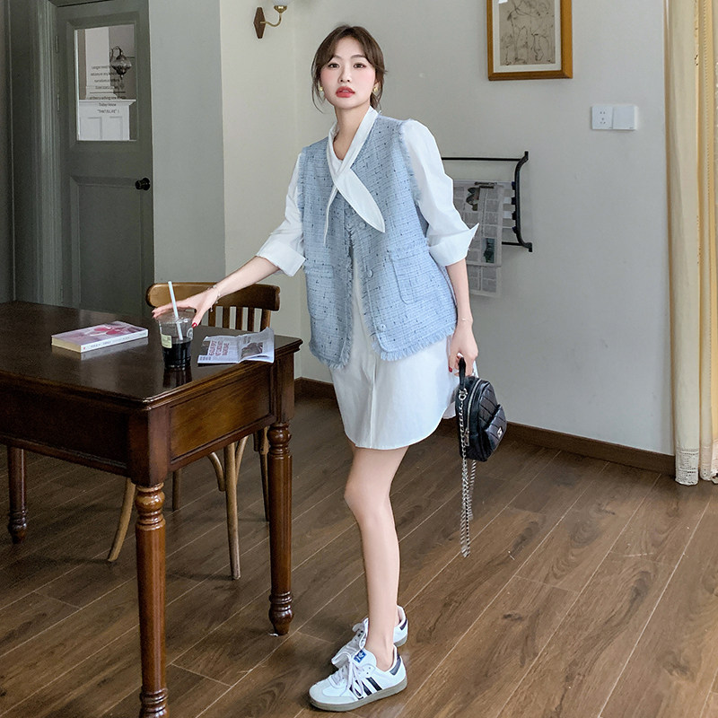 蓝色小香风马甲套装女2025春季新款洋气减龄显瘦气质衬衫裙两件套,女装套装/套裙,浙宝099