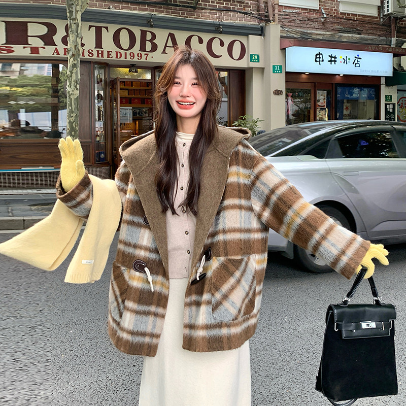 咖色格子双面羊绒大衣女2024新款冬装韩版80羊毛小个子毛呢外套潮,女装毛呢外套,浙宝099