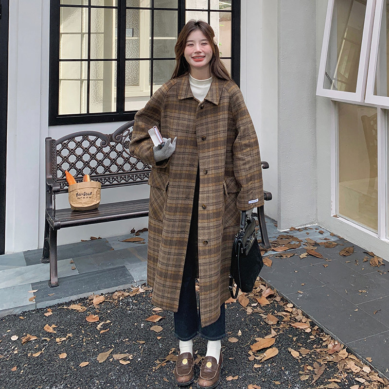 咖色格子双面羊绒大衣冬女2024新款小个子宽松加厚中长款毛呢外套,女装毛呢外套,浙宝099