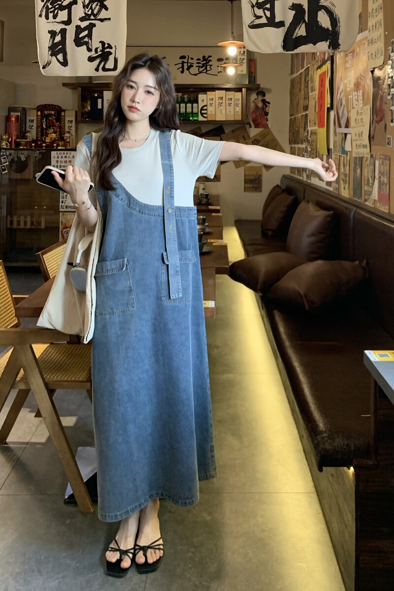 时尚拼接假两件牛仔连衣裙女夏季2025年新款韩版宽松气质百搭长裙,女装套装/套裙,浙宝099